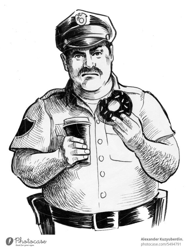 Police officer biting a doughnut. Ink black and white drawing american art artwork cap coffee cop donut duty eating food fun holding illustration male man