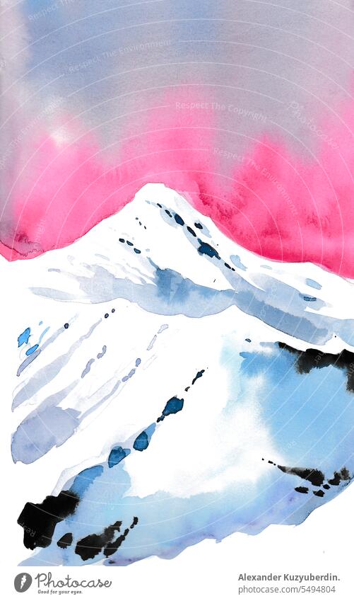 Watercolor mountain art artwork background beautiful cloud drawing drawn hand hill illustration landscape natural nature outdoor pink sky sunlight sunrise