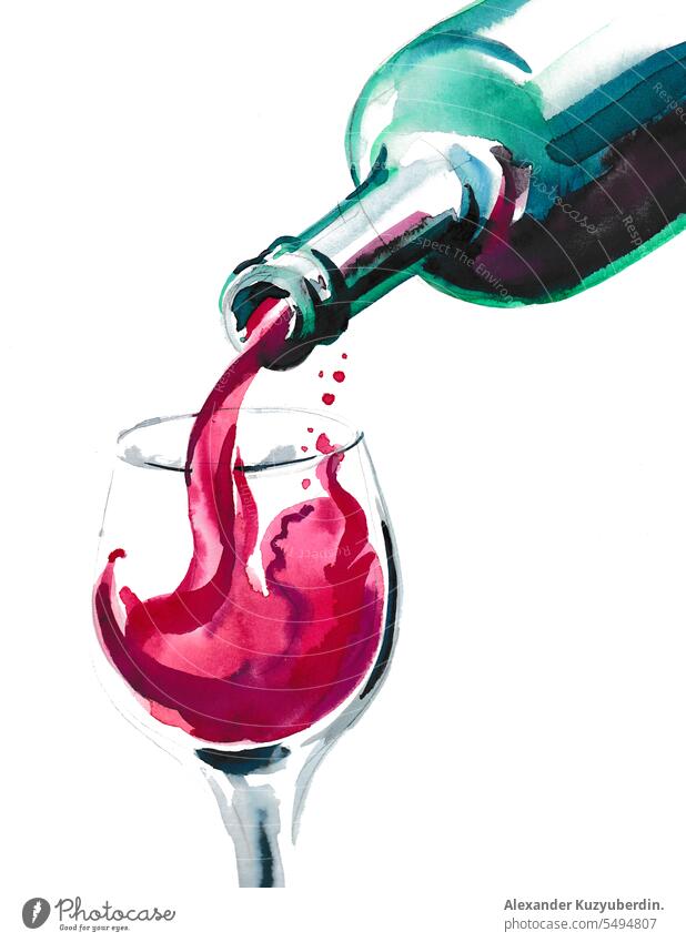 Bottle of red wine and glass. Hand-drawn watercolor painting alcohol background beverage celebrate celebration closeup drawing drink drop flow goblet isolated