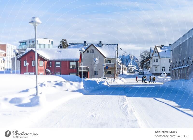 Small village covered in snow on Lofoten Islands in Norway house cottage winter facade exterior wooden settlement tree mountain norway lapland lofoten island