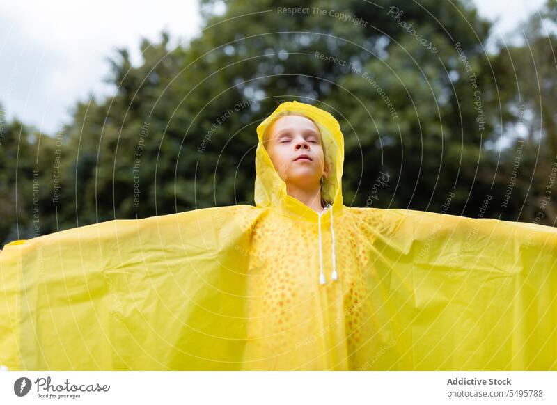 Calm child in raincoat standing on green forest nature kid calm yellow wet childhood weather alone vibrant overcast waterproof woodland plant protect peaceful