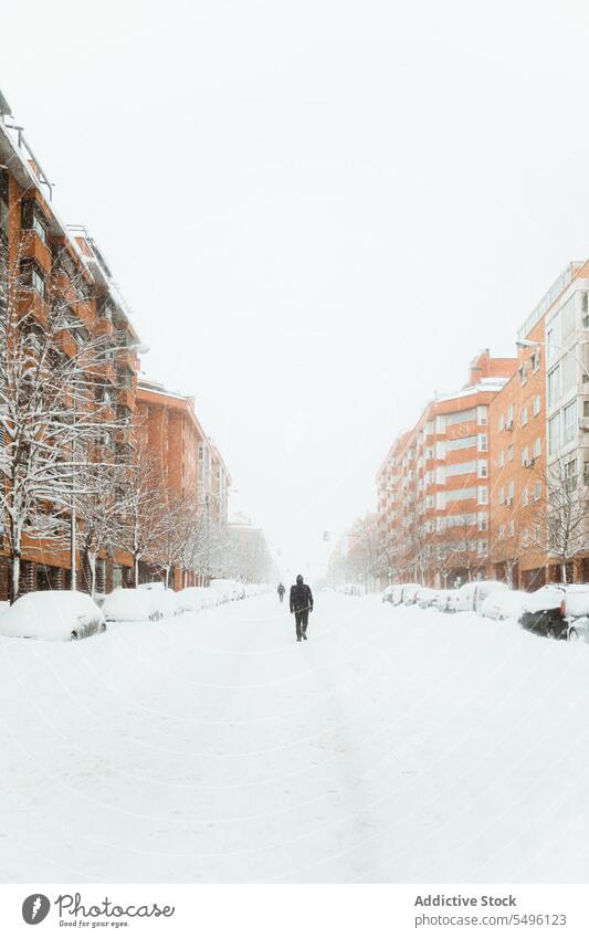 People walking on snowy street between buildings pedestrian cold winter district alley walkway gloomy city leafless residential wintertime weather housing