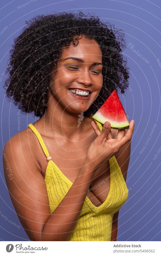 Positive black woman with yummy watermelon model sweet slice friendly charismatic portrait female african american juicy citrus fruit fresh dessert vitamin