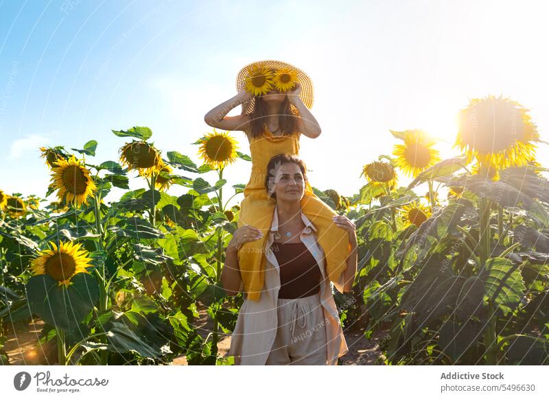 Woman carrying daughter with sunflowers on shoulders mother summer woman girl playful farm faceless family child clear sky holiday lifestyle together happy