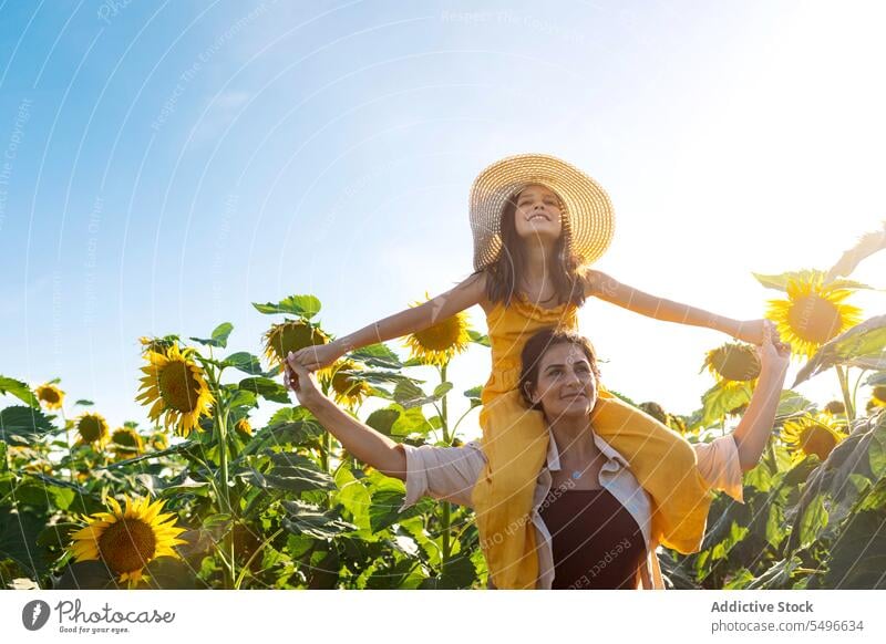 Woman carrying girl on shoulders in sunflower field mother daughter summer smile woman weekend family child clear sky love holiday lifestyle adorable together