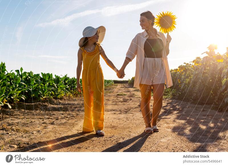 Woman and girl holding hands and standing at sunflower field mother daughter woman crop weekend summer lifestyle love nature smile hat casual attire plant