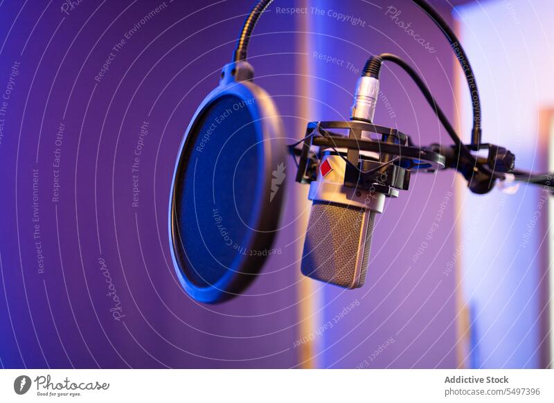 Professional microphone equipment for recording podcast in studio lights audio professional sound radio device media broadcast modern gadget creative appliance