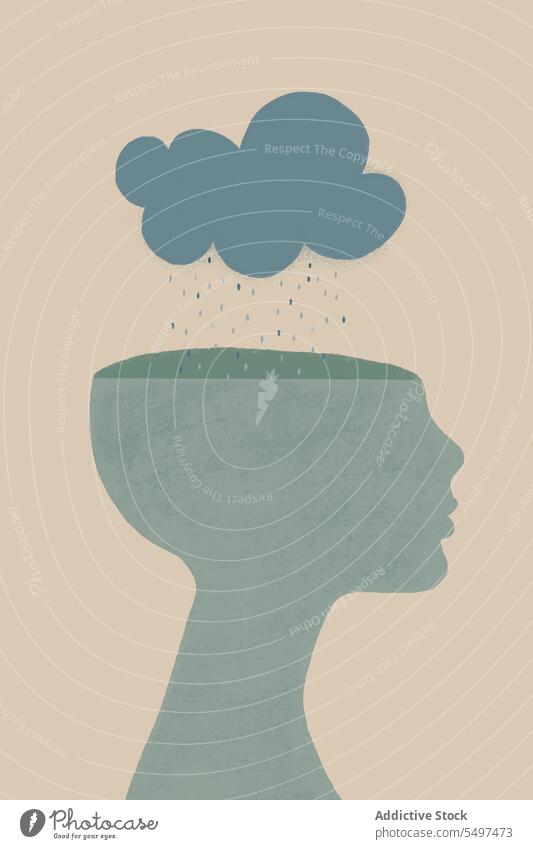 Mental health concept with clouds on human head against gray wall mind person human face open silhouette illustration creative background depression brain