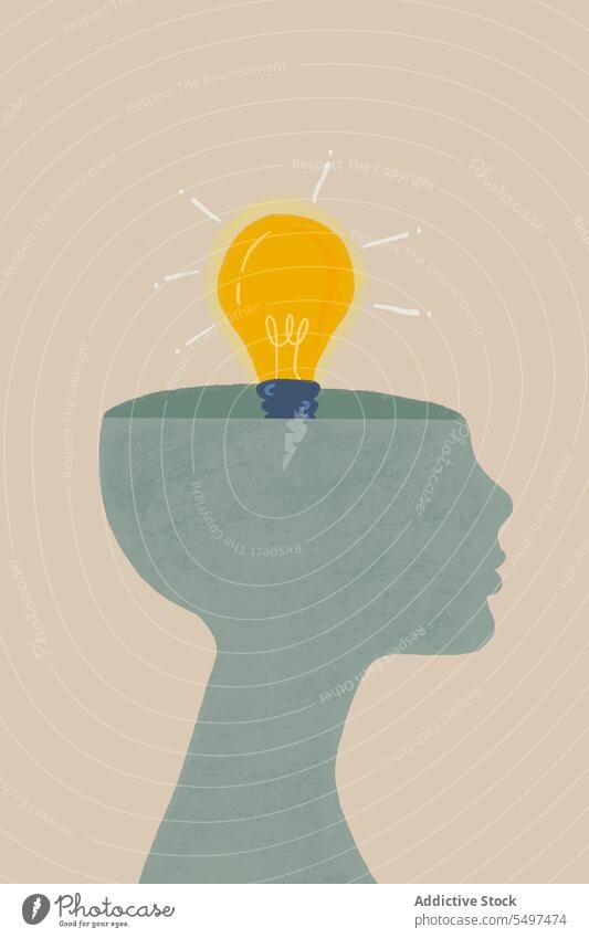 Concept of mental health of human brain and bulb against gray wall idea concept mind light bulb smart solution illustration compare background genius think