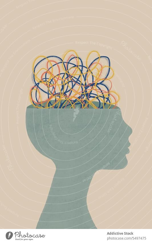 Illustration of mental health concept of human head thoughts against gray wall illustration silhouette confuse mind human face puzzle fantasy stress background