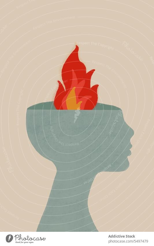 Concept of mental health disorder with burning fire against gray wall concept pressure illustration human face stress anger background age problem depression