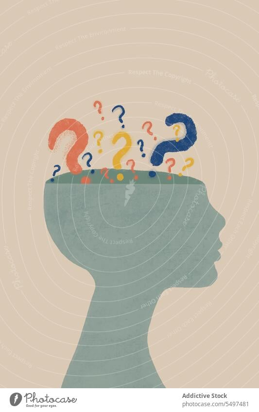 Mental health concept of question marks in human head against gray wall mind growth human face think silhouette illustration background brain idea decision