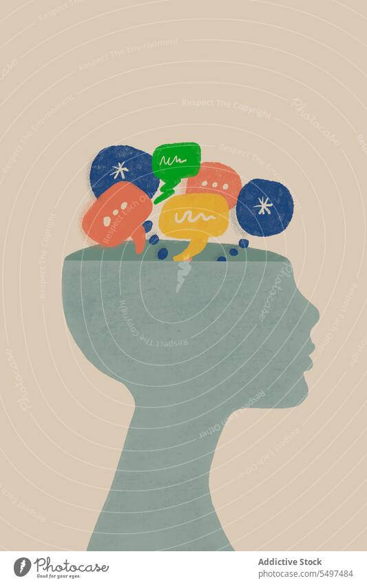 Concept of human head with speech bubbles and problems against gray wall illustration conversation communicate chat talk discuss colleague meeting office