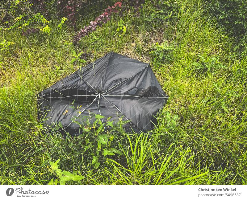 unsaleable | broken black umbrella on the edge of a highway rest stop Umbrella broken umbrella Black Escarpment grass verge Trash Disposed of Throw away