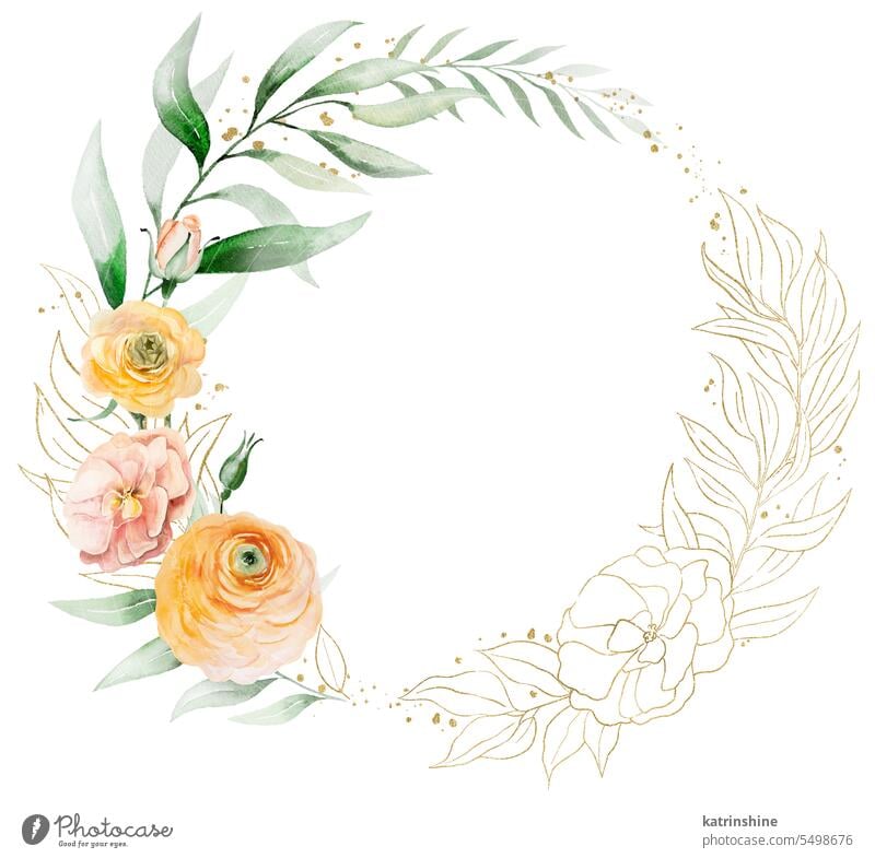 Round Frame made of orange and golden watercolor flowers and green leaves, wedding illustration Birthday Botanical Decoration Drawing Element Foliage Garden