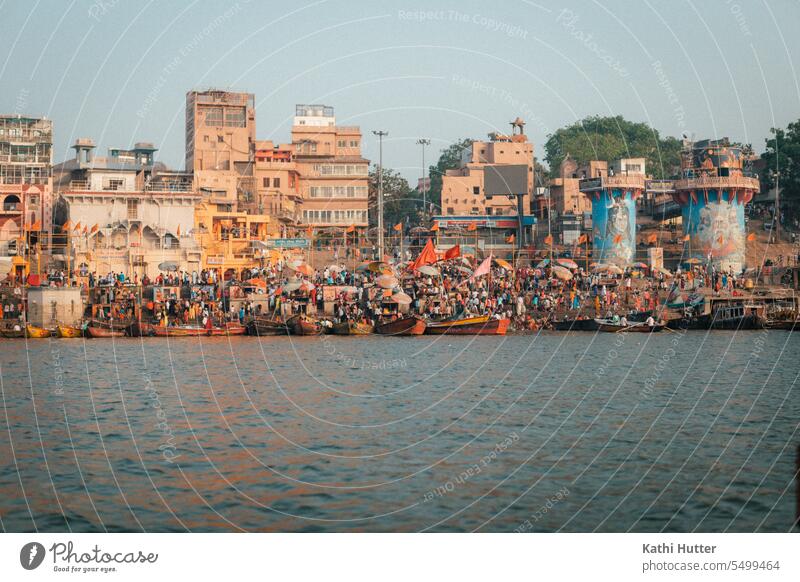 a big crowd at the Ganges in Varanasi Uttar Pradesh Crowd of people Town River Colour photo Exterior shot India Day Vacation & Travel Human being Tourism Water