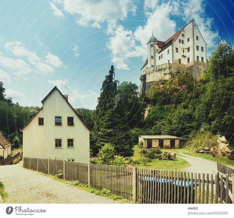 neighbors Elbsandstone mountains Castle Small Town Deserted Sky Clouds Hill Rock Saxon Switzerland Apartment Building Window Gable end Real estate Fence