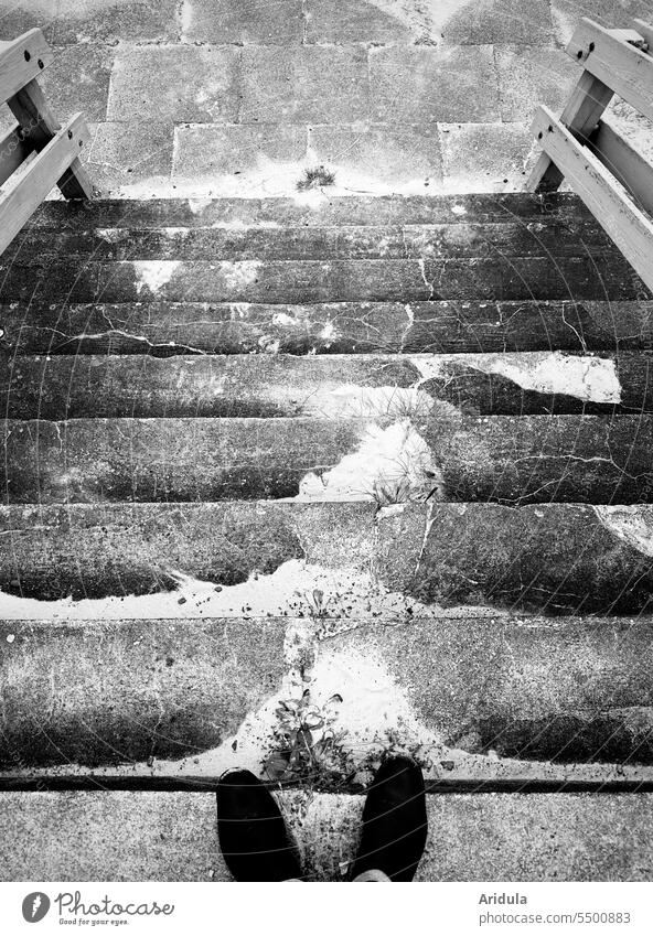Sandy cracked concrete steps b/w Stairs stagger stair treads Concrete cracks Old Architecture Footwear rail Wait Stand Downward downstairs Structures and shapes