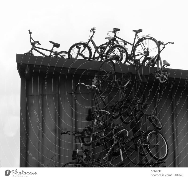 Many bicycles as decoration on and at a workshop made of sheet metal in black and white Tin Workshop Black & white photo Metal Exterior shot nobody Decoration