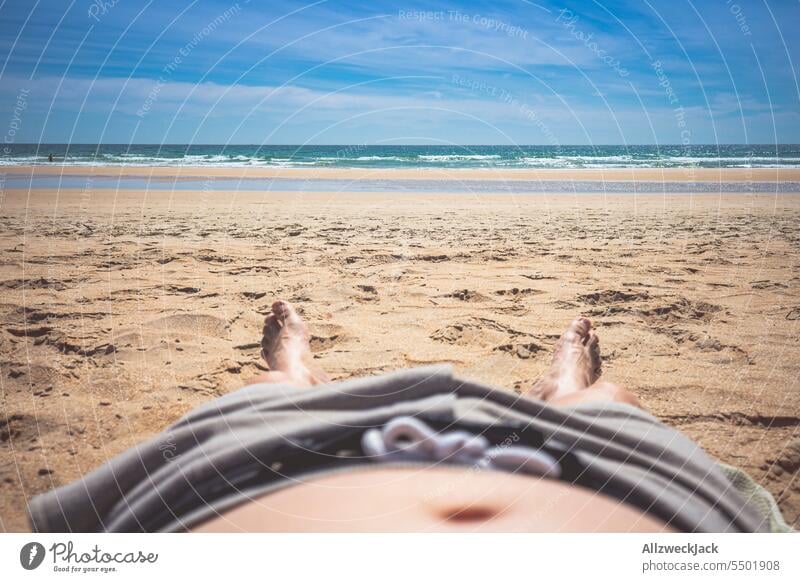 Camera perspective of a man lying on the beach and looking at the sea pov camera perspective Summer Summer vacation Summertime Beach Ocean Water Sunbathing