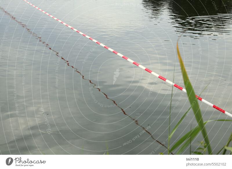 red white barrier tape over fish pond fishing Fishpond Body of water Pond Water flutterband reflection Flutter sounds Wind protective measure Bird eating