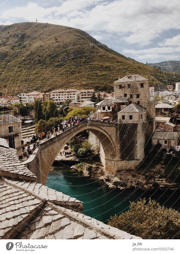 Bridge in the old town of Mostar Bridges River Blue Water Bosnia Bosnia-Herzegovina Traverse travel voyager Travel photography Tourism Tourist