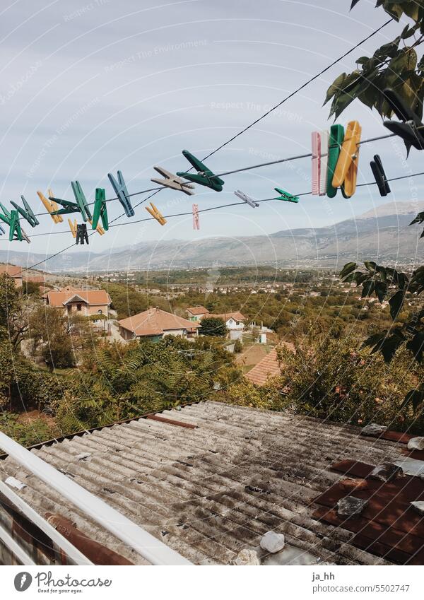 Clothesline with view of valley Mountain mountains Landscape Nature Peak Sky Rock Environment Clouds Colour photo Vacation & Travel Tourism Panorama (View)