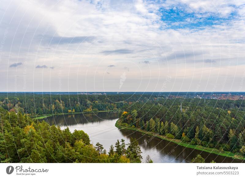 Neman River Landscape in Autumn: Aerial Photography. Nemunas, Druskininkai, Lithuania river aerial view drone autumn fall foliage forest trees landscape nature