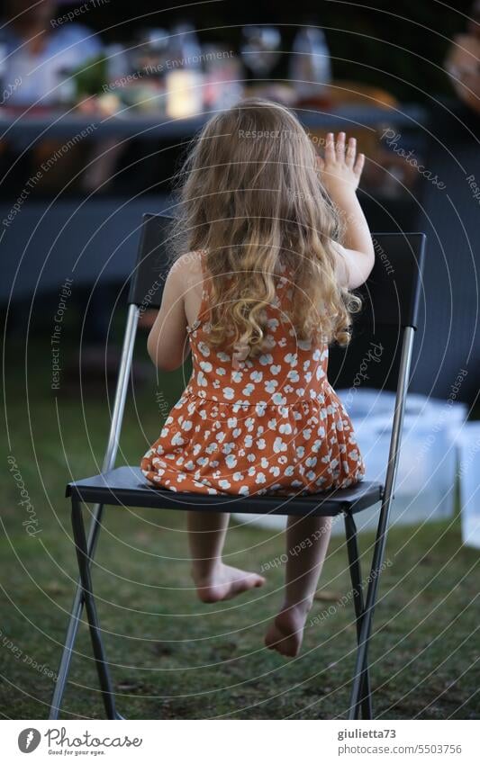 Drinkje bej Inkje | Rear view of a little girl with long hair sitting upside down on a chair Girl Long-haired Dress Barefoot Chair Garden Party Summer
