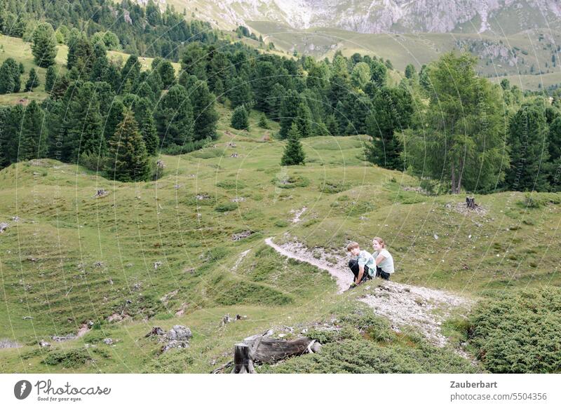Mountain panorama, hiking trail with children, alpine pasture, idyll, green meadow, mountain panorama in background off Alps Peak Clouds Green Landscape
