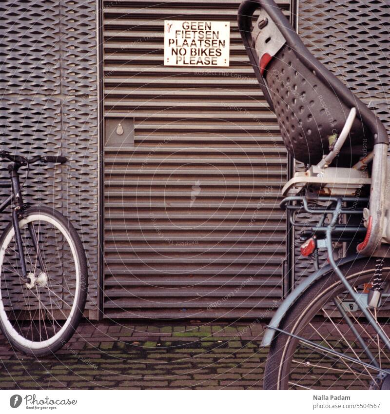 NO BIKES PLEASE Analog Analogue photo Colour Colour photo Architecture Transport Parking Wall (building) Facade door sign Bicycle Clue Exterior shot Signage