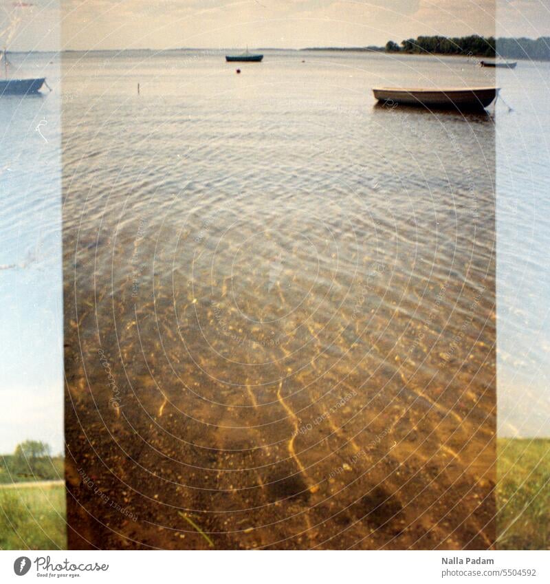 Boats in the salt lagoon and a second exposure Analog Analogue photo Colour Colour photo Water reflection boat Sky Double exposure Baltic Sea Exterior shot