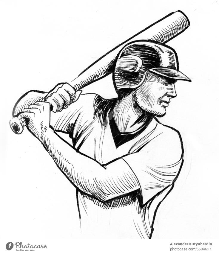 Baseball player, ink black and white drawing action art artistic artwork athlete baseball bat batter cartoon competition game illustration isolated line paper