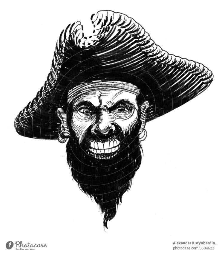 Pirate head, ink black and white drawing art background beard captain caribbean cartoon character danger design face hat human illustration isolated mascot