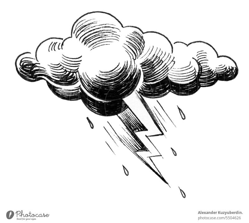 Thunder storm cloud ink drawing art black and white bolt cartoon dark energy graphic illustration isolated lightning nature paper power retro scene sky thunder