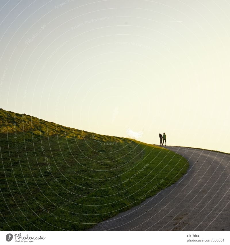 Round the corner Human being 2 Earth Cloudless sky Grass Meadow Hill Mountain Peak Running Walking Vacation & Travel Argument Hiking Brown Gold Green