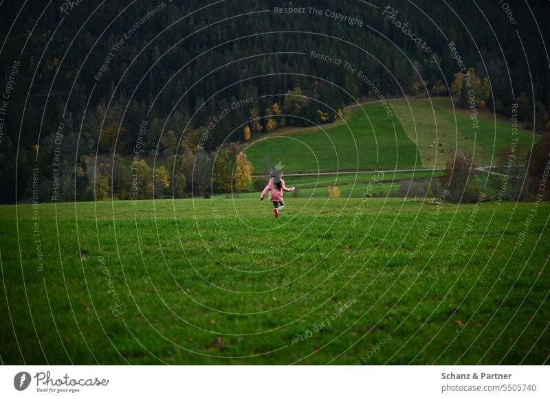 Child with long hair runs across a meadow, in the background a coniferous forest Girl Joy Running Grass Infancy Playing Happiness Happy Nature Freedom vacation