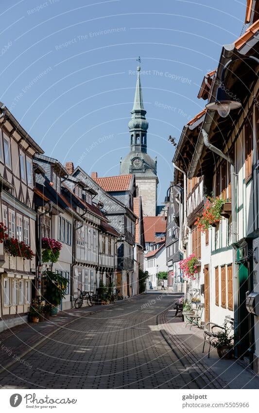 Half-timbered houses in Wolfenbüttel | Drinkje bej Inkje Housefront Church spire Old town Historic Exterior shot Town Architecture Building