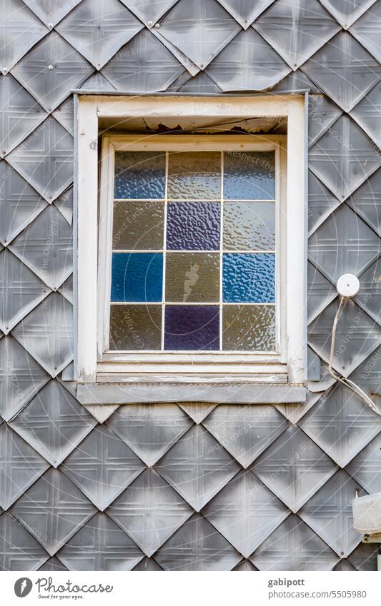 Drinkje bej Inkje | stained glass window Window variegated motley Facade Slate Old Stained glass window Colour photo Deserted Multicoloured colourful Blue