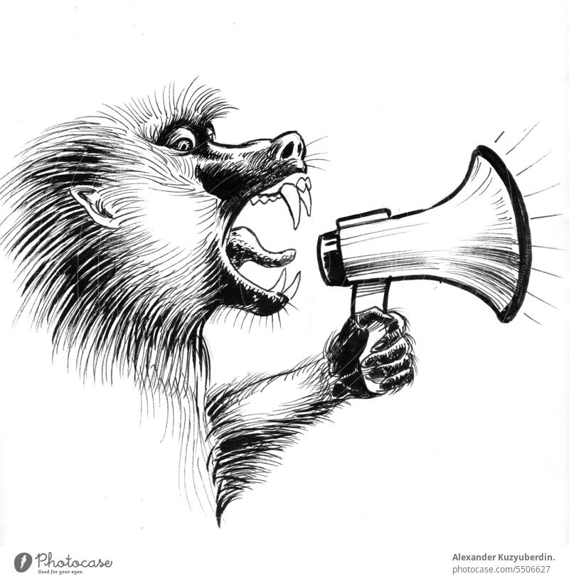 Shouting monkey. Ink black and white drawing animal artwork communication illustration ink loud loudspeaker mad scream shouting sketch wild