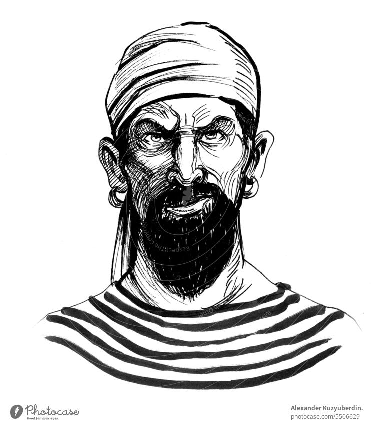 Pirate character angry beard bearded black and white drawing face head illustration mad pirate portrait retro sailor seman sketch vintage
