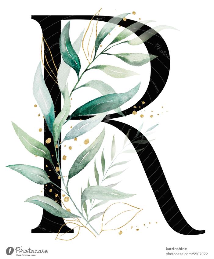 Black letter R with green a watercolor leaves, isolated wedding illustration, Alphabet Element Birthday Botanical Character Decoration Drawing Foliage Garden