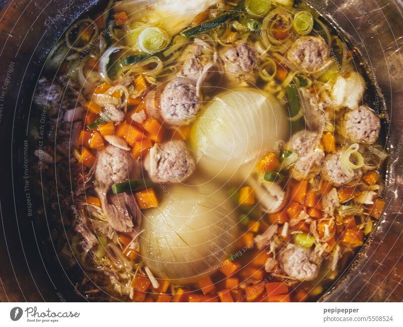 View into the soup pot Looking Cooking boil saucepan seething Soup soups Vegetable soups Nutrition Colour photo Food Healthy Eating Kitchen Herbs and spices