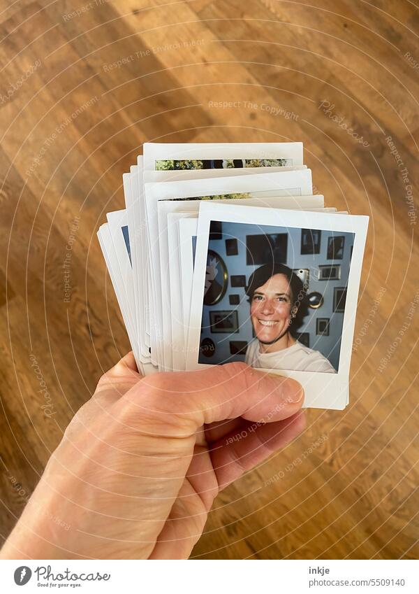 Portrait polaroid stack | drinkje bej inkje Polaroid Colour photo Photos Hand stop Many pictures portrait cheerful woman variegated Game of cards amass