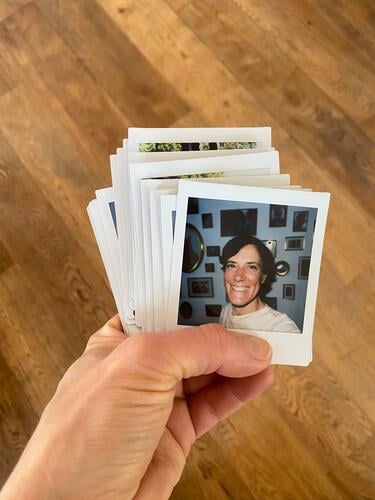 Portrait polaroid stack | drinkje bej inkje Polaroid Colour photo Photos Hand stop Many pictures portrait cheerful woman variegated Game of cards amass