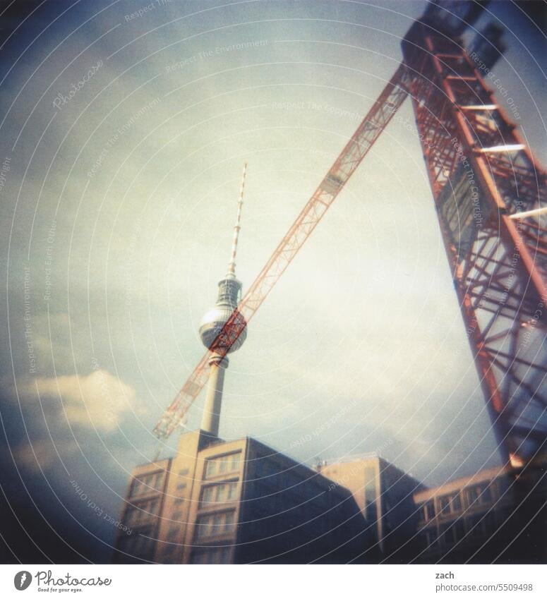 construction site Analog Holga Television tower Double exposure Tower Scan Slide Lomography Cross processing cross Berlin Berlin TV Tower Construction site