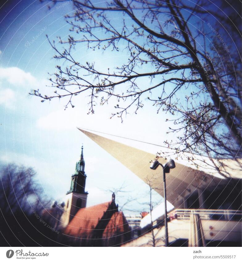 subtleties Analog Holga Television tower Tower Scan Slide Lomography Cross processing cross Berlin House (Residential Structure) Sky Town somber Church