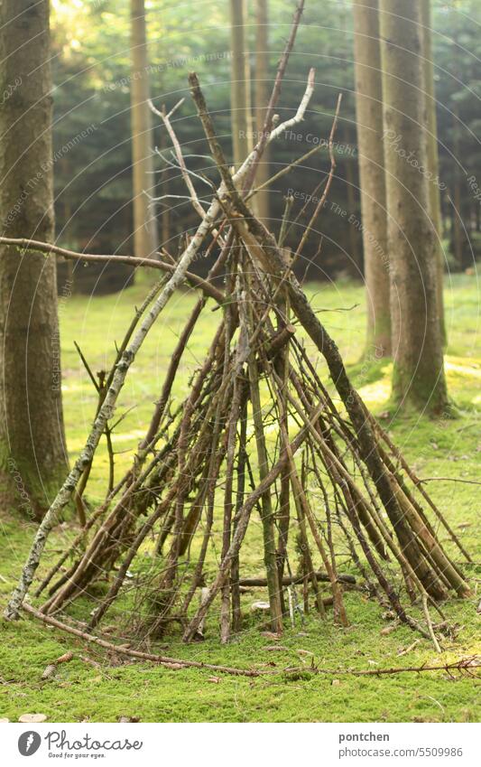 a tent made of branches and twigs in the forest. do-it-yourself children's game. creativity Tent Wood Tee Pee Forest Children's game do-it-yourself construction