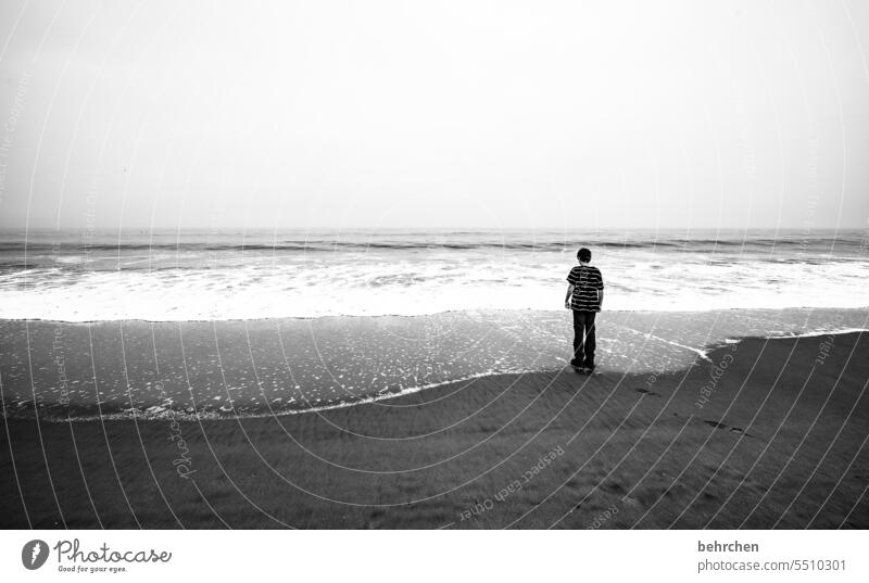 when the moment simply stands still Black & white photo Dream Marvel Infancy Vantage point Son Boy (child) Namibia Africa Ocean ocean wide Far-off places