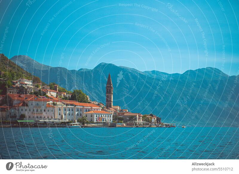 Postcard photo of Perast in Montenegro Card postcard motif Skyline Mediterranean sea Water Vacation & Travel coast Idyll Travel photography Bay Tourism Ocean